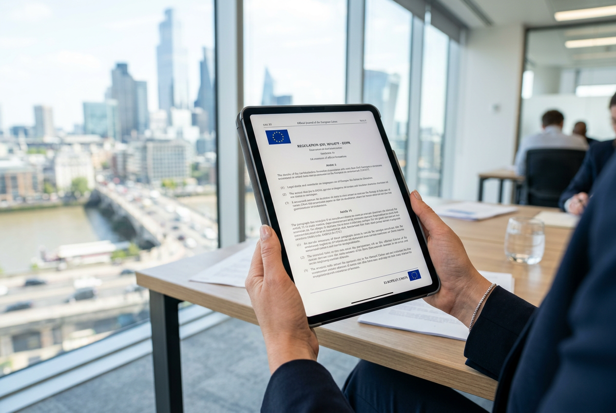 Tablet showing legal documents and European symbols in a professional office